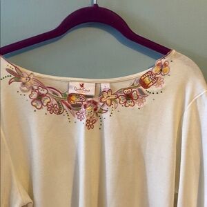 Quacker Factory Cream Embellished 3/4 Sleeve Blouse